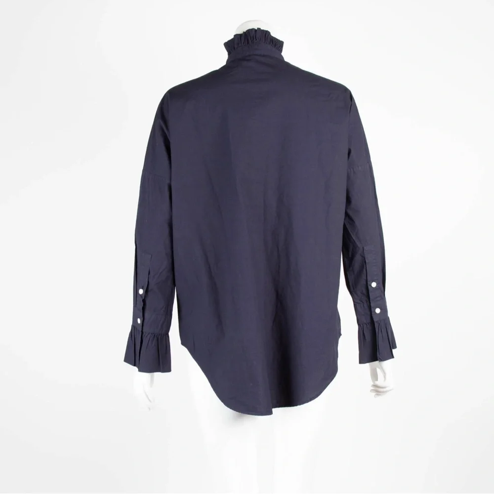 Alex Mill Navy Ruffle Neck Blouse Womens XS Cotton Elegant Trendy Button Up - Picture 3 of 8